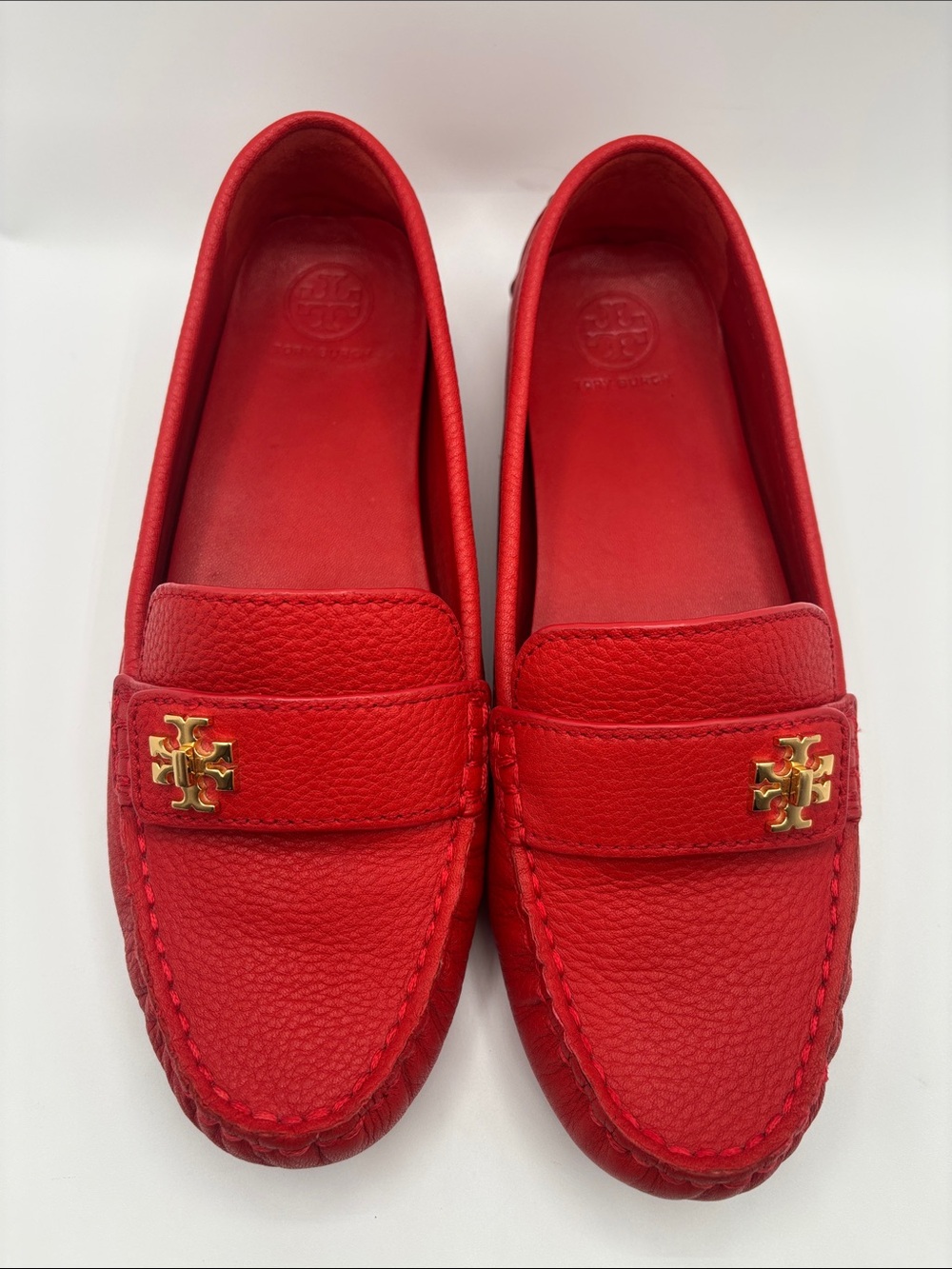 Tory Burch Red Pebbled Leather Loafers with Gold Logo